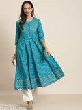 Blue cotton blend floral round kurti for women, perfect for regular wear with stylish v-neck and three-quarter sleeves, from Yash Gallery, India