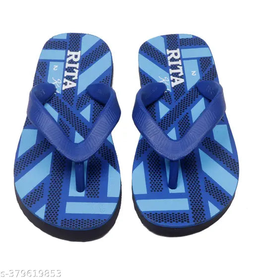 Blue rubber kids flip flops with printed net pattern, Indian origin for ages 3-10