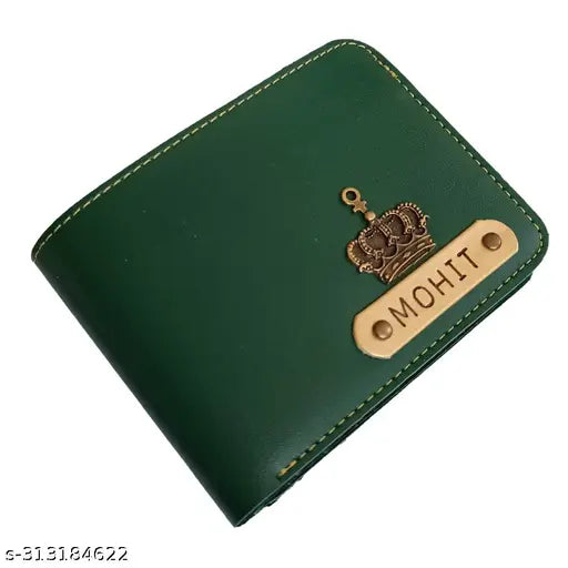 Green faux leather personalized name wallet for men with charms, ideal gift for special occasions