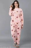 Woolen winter nightwear for women & girls, warm fur-lined pyjamas with printed net pattern, cozy nightsuit in Disney & cartoon designs