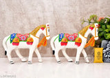 Handmade white Paper Mache horse showpiece set, intricately detailed with multi-color enamel work, perfect for home decor or gift. (14 cm tall, 2 pieces)