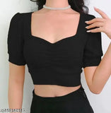 Trendy black cotton-silk crop top for women, solid pattern, short sleeves