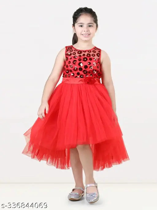 Red layered hi-low party dress for girls, embellished net fabric, sleeveless design, sizes 3-4, 9-10, 10-11 years, Indian origin