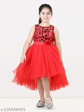 Red layered hi-low party dress for girls, embellished net fabric, sleeveless design, sizes 3-4, 9-10, 10-11 years, Indian origin