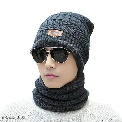 Grey knitted wool beanie cap set with neck warmer (3 pieces) - perfect winter accessory for both men & women