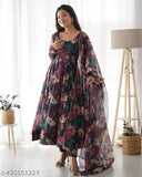 Black georgette printed women's gown with long sleeves, vibrant floral pattern, ideal for special occasions, quality fabric, size: S-XXXL