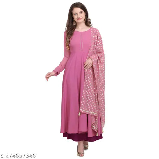 Pink French Rose Crepe Anarkali Kurta Set with Gotta Patti Style, women's kurti and dupatta, Solid Pattern by Fab Galaxy