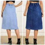 Elegant cotton denim skirt, solid pattern, fitted waist and straight cut for women, available in sizes 28, 30, 32, 36, 38, 40 (28:waist-28in/length-30in/hip-36in, 30:waist-30in/length-30in/hip-38in, 32:waist-32in/length-30in/hip-40in)