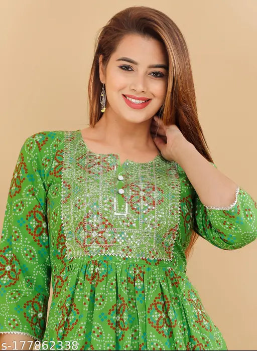 Radha Rani printed cotton kurta set with rayon palazzos, vibrant Jaipuri bandhej embroidery detail, S-XXXL sizes available