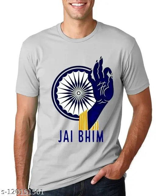 Jai Bhim printed cotton-blend t-shirt, short sleeves, vibrant Indian design. On hanger