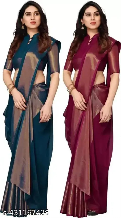 Golden chiffon combo sarees with traditional zari border, perfect for festive or wedding wear