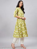 WineRed Women's Cotton A-Line Front Slit Kurta in Yellow Floral Print, three-quarter sleeves - elegant Indian ethnic wear for casual occasions