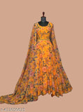 Trendy design georgette gown for women, long sleeves, printed net, best for Haldi, Pithi, Ubtan, Mandha functions, Indian origin