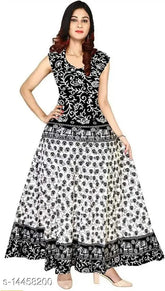 Black and white Jaipuri printed maxi dress, pure cotton for women's fashion. Traditional Mandala design, free size." (103 characters)