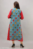 Red & Sky Blue Pure Cotton A-Line Kurta Set, Kalamkari Print, Three-Quarter Sleeves, Indian Ethnic Wear