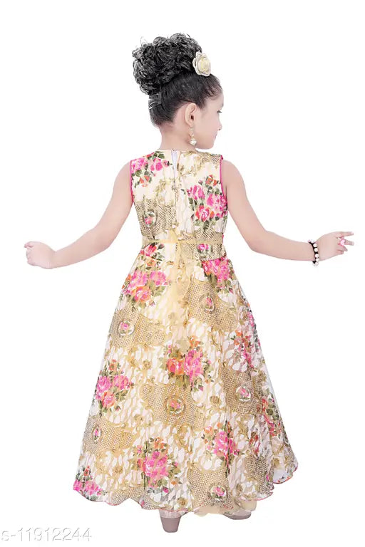 Elegant floral print net dress for girls, embellished sleeveless style, various sizes from 0-12 months