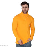 Yellow cotton blend long sleeves Geum Men's solid shawl T-shirt, 100% pure combed 155-160 GSM cotton for quality, comfortable fit and stylish look. Made in India