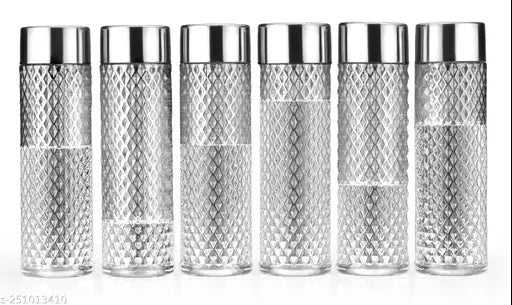 White & silver, premium 1000ml water bottle set (6 pcs) - BPA-free plastic for fridge use