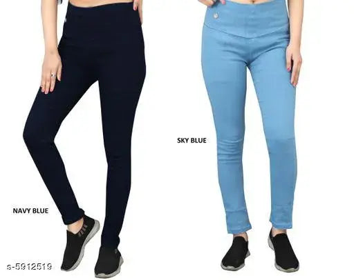 Denim skinny fit stretchable high waist elastic ankle length jeggings, solid navyblue-skyblue for women - pack of 2
