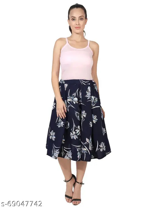 Navy Blue White Floral Print Mid Calf Length Women's Skirt Combo on mannequin, IBPanel polyester, flared skirt design in sizes 26-34