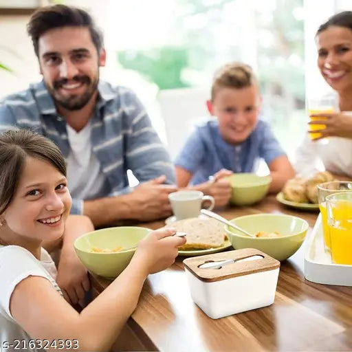 Ceramic butter dish with bamboo lid, large capacity for West/East coast butter, white porcelain with stainless steel knife and silicone sealing ring