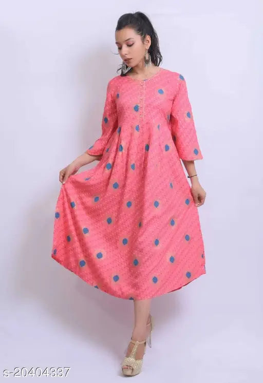 Multi-colored rayon gown for women and girls, three-quarter sleeves, printed combo on India-made dress