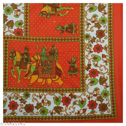 Orange cotton double bed sheets with Jaipuri print, featuring soft cloth and two matching pillow covers. Made from superfine pure cotton fabric by VNV Creation. Ideal for adult use and suitable for a Double Queen size bed. Crafted in India