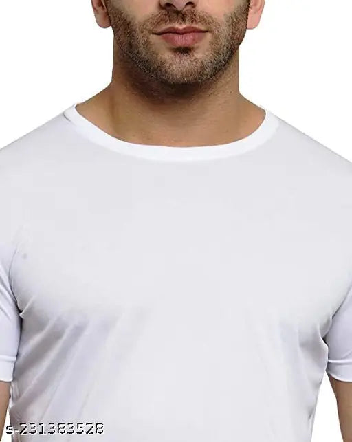 Men's white polyester round neck t-shirt with short sleeves, printed design. Soft, breathable, and comfortable for everyday wear, ideal for travel, sports, or sleepwear. Made in India