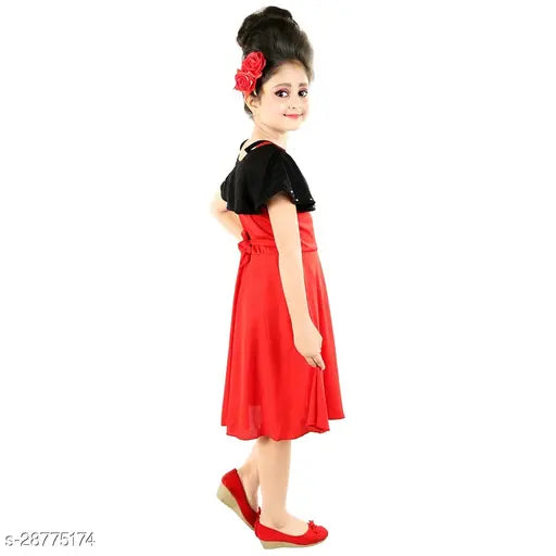 Red cotton blend frock dress for girls, single pack with solid pattern and short sleeves, sizes range from 2-3 years to 9-10 years, Indian origin