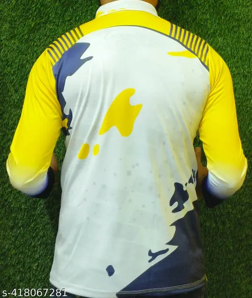 Yellow Lycra long-sleeved sports top with printed net design, size M (chest 38 in, length 27 in), made in India