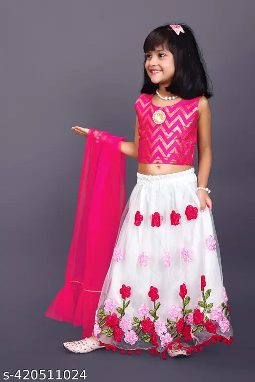 Taffeta Silk and Jequard Fabric Embroidered Vneck Pink Lehenga Choli Set for Kids, Indian-inspired outfit with Gota lace dupatta, ready to upgrade your princess's wardrobe