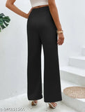 Black cotton blend plazo trousers for women, regular fit, solid pattern, available in sizes 28-XXL