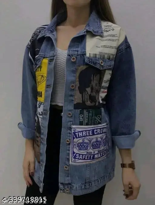 Blue denim long sleeve printed casual jacket from RKK COLLECTIONS, perfect for women's wardrobe