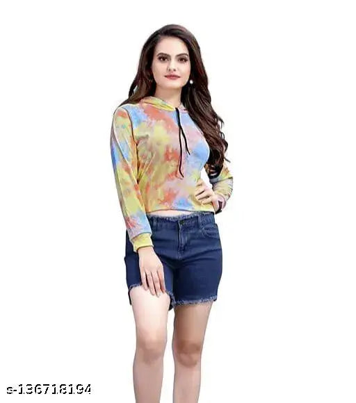 Multicolor tie-dye women's cotton top with long cuffed sleeves, casual and vibrant