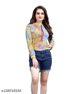 Multicolor tie-dye women's cotton top with long cuffed sleeves, casual and vibrant