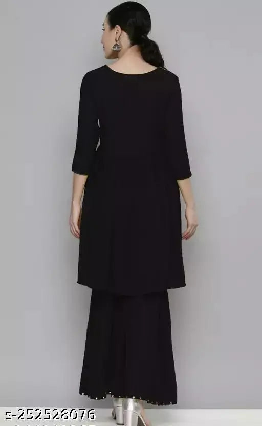 Black IMLIE Women's Sequined Embroidered Georgette Kurta & Sharara set - Georgette fabric, three-quarter sleeves, solid net Sharara, embroidered sequin detailing, made in India