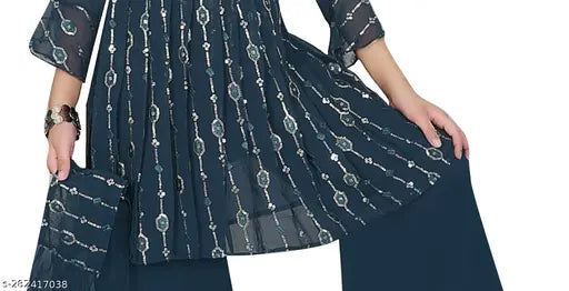 Girls Fancy Indian cotton-blend A-line kurta palazzos set with printed short sleeves, ideal for parties and celebrations