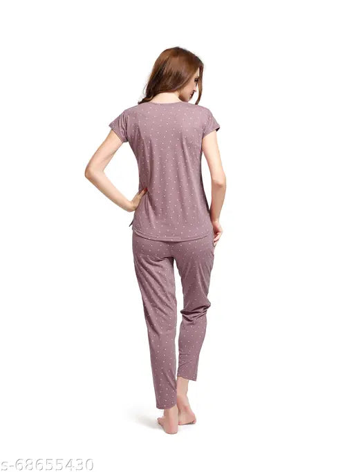 Cotton Pink & Grey Triangle Printed Top & Pyjama Half Sleeve Nightsuit Set, LOTIK Women's comfy loungewear with color fastness guaranteed, made in India