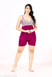 Majenta satin nightwear set: shoulder-strap net embroidered top and shorts, soft and stylish for women's home wear