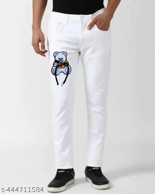 White denim jeans with white teddy top, solid pattern, size 28/30/32, Indian origin