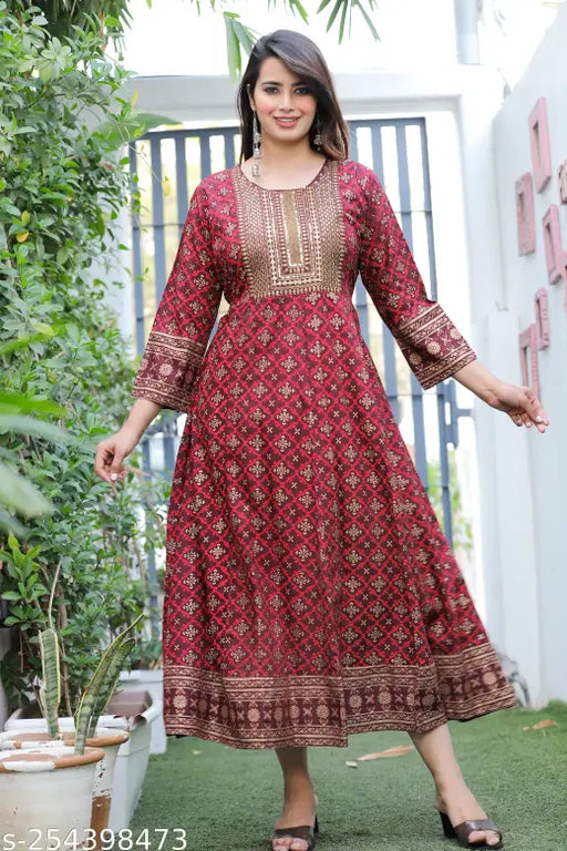 Rayon Maroon Wine Anarkali Kurta for Women - Three-Quarter Sleeve, Printed Embroidery, Daily Wear
