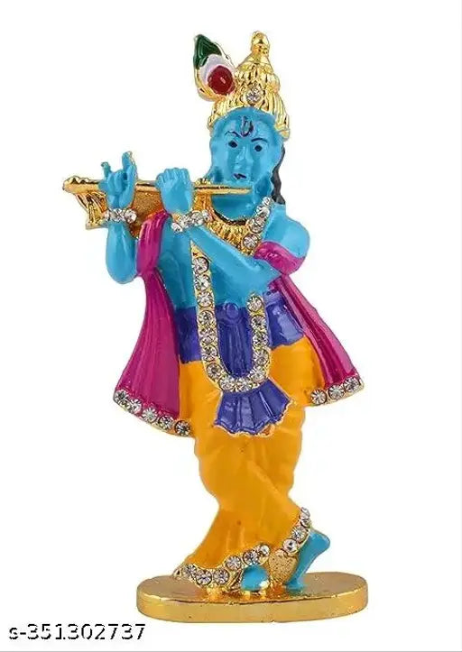 Blue ceramic Lord Krishna bansuri statue, divine flutist decor for home or office