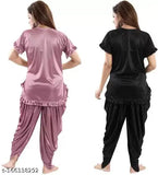 Soft, satin Women's night suit combo (2 sets), trending Patiala design, work-from-home comfort