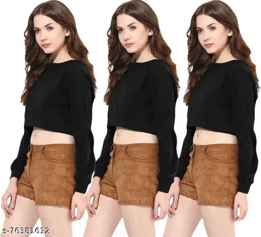 Cotton Selvike fancy crop top in solid color, long sleeves, available in sizes S-XL
