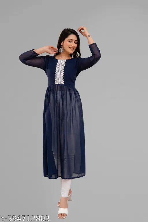 Women's faux georgette Anarkali Kurta, solid single-color three-quarter sleeve outfit for Indian fashion