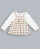 Light brown checkered dungaree with full-sleeve t-shirt: Breathable cotton blend for kids' play, India-made classic style