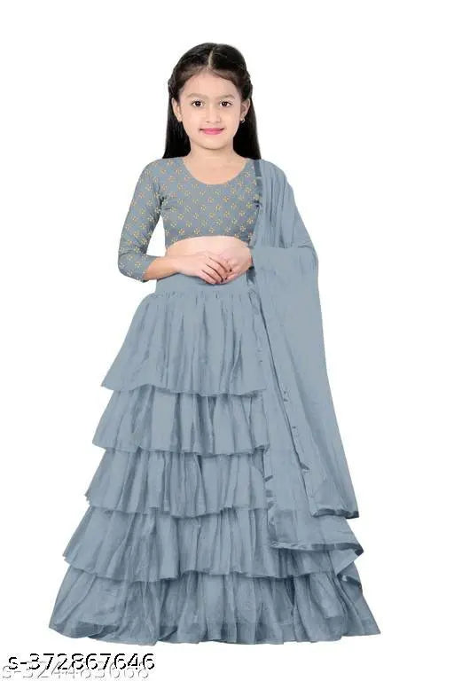 Satin and tissue duppatta princess lehenga choli set for little fashionistas, embellished with ruffles and checks