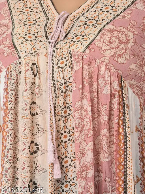 Pink striped rayon crepe plus size top, long sleeves, v-neck, made in India