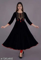 Embroidered rayon A-line kurta with three-quarter sleeves, black floral pattern for women's casual wear, Indian origin