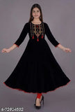 Embroidered rayon A-line kurta with three-quarter sleeves, black floral pattern for women's casual wear, Indian origin